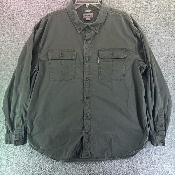 Carhartt Shirt Men 2XL Long Sleeve Green Relaxed Fit Ripstop Fabric Stretch - Picture 1 of 9